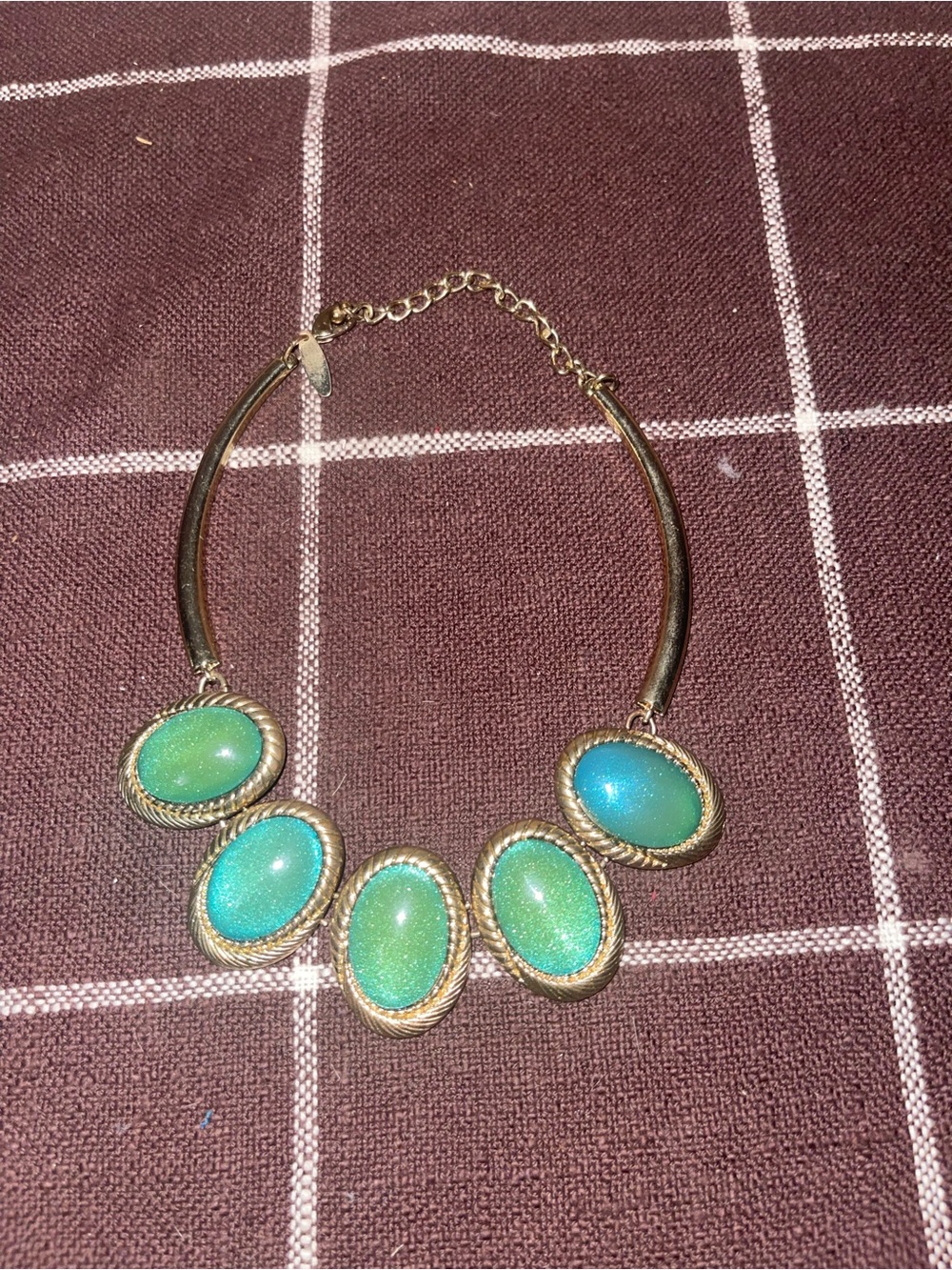 Gold-Tone Necklace with Blue-Green Oval Cabochons